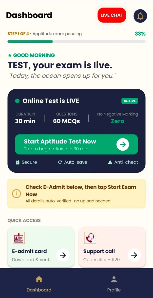 HBIMS app dashboard showing admission stage progress and live aptitude test