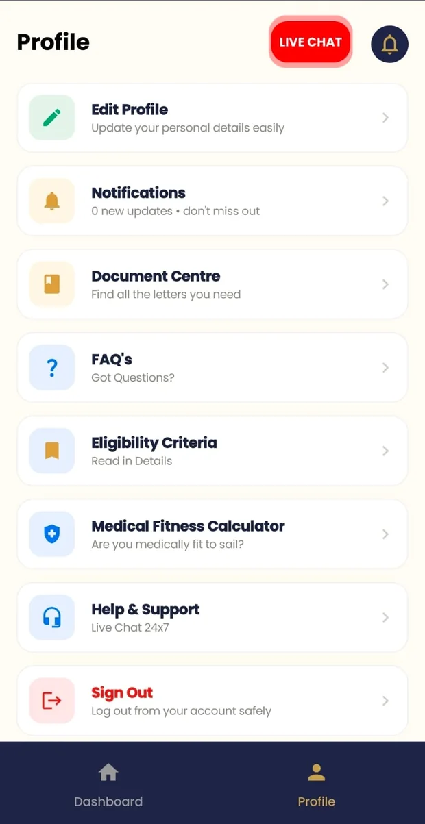 HBIMS app profile menu with document centre, eligibility criteria and support