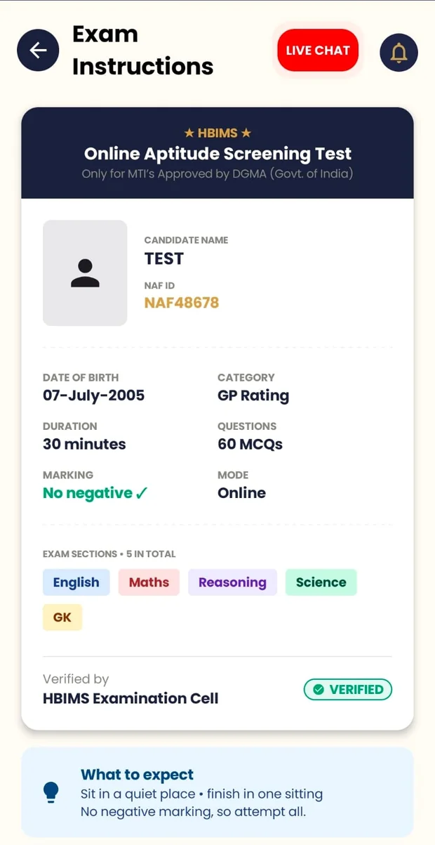 HBIMS app online aptitude screening test instructions with NAF ID and exam sections
